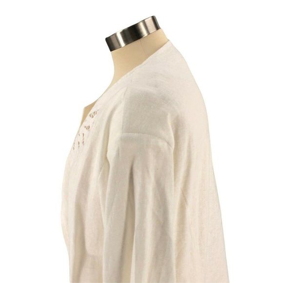 EY Boutique Womens Cardigan 2X XX Ivory Tunic Open Shoulder Pads Linen Long Slv - Picture 6 of 12